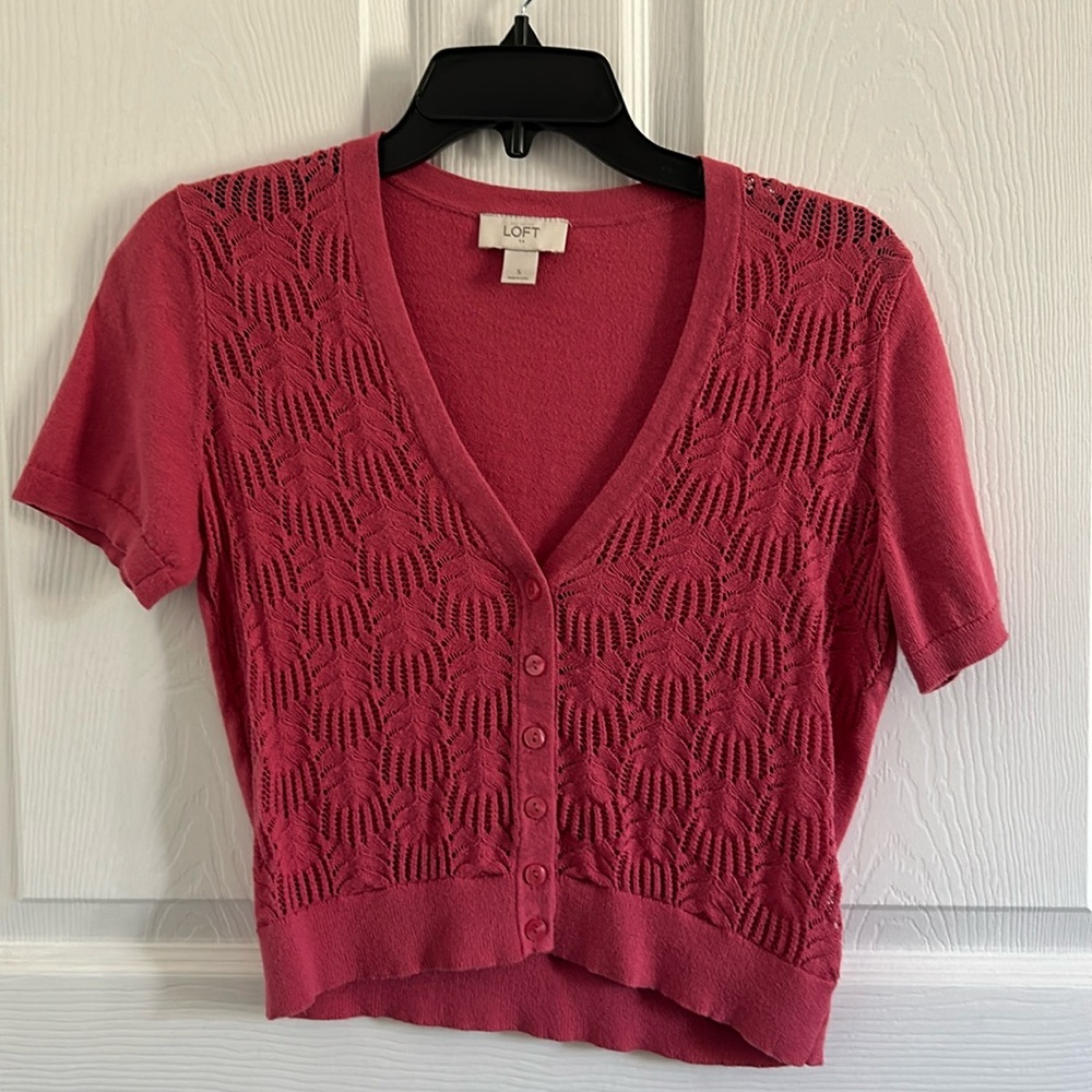 LOFT Ann Taylor short sleeve button v-neck knit cropped cardigan - Size Small